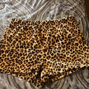 just be Leopard-Pattern Faux Fur Shorts in Brown and Black